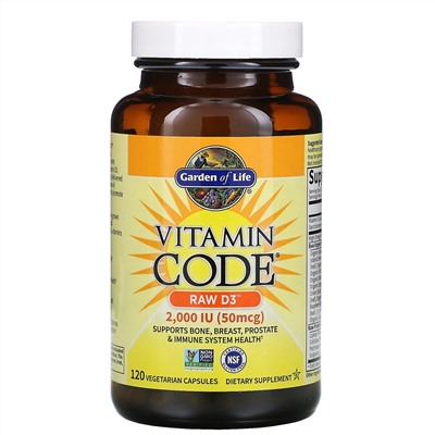 Garden of Life, Vitamin Code, RAW D3, 50 мкг (2000 МЕ), 120 вегетарианских капсул