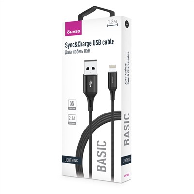 Кабель BASIC, USB 2.0 - lightning, 1.2м, 2.1A, черный, OLMIO