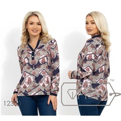 Принтованная блуза прямого кроя с контрастной отделко на V-образном вырезе и манжетах 12330
