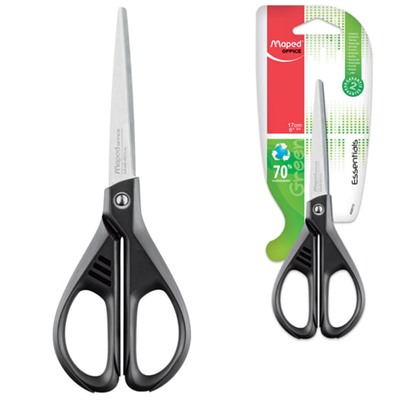 Ножницы MAPED (Франция) "Essentials Green", 170 мм, черные, картонная упаковка с европодвесом, 467010, 468010, 232004
