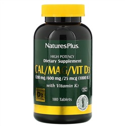 Nature's Plus, Кальций, магний и витамин D3, с витамином K2, 180 таблеток