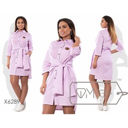 Платье-рубашка мини приталенное из коттона с рукавами 3/4, вшитым двойным поясом и асимметричным подолом X6289