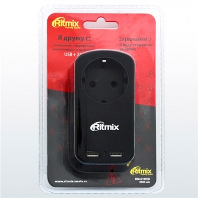 Адаптер питания 220 В - USB RITMIX RM-018 (2xUSB + розетка) 2x1000mA