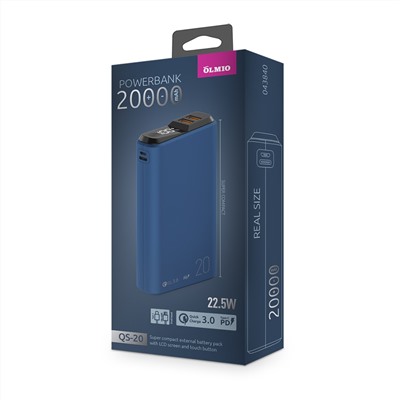 Внешний аккумулятор QS-20, 20000mAh, 20W, QuickCharge3.0/PowerDelivery, LCD, темно-синий, OLMIO