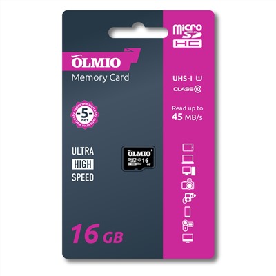 Карта памяти microSDHC 16GB Class 10 UHS-I, без адаптера, OLMIO