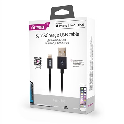 Кабель MFI USB 2.0 - Apple iPhone/iPod/iPad 8pin, 1м, черный, OLMIO
