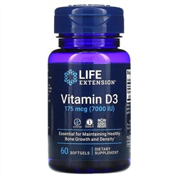 Life Extension, витамин D3, 175 мкг (7000 МЕ), 60 мягких таблеток