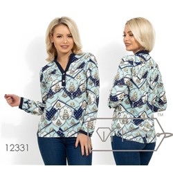 Принтованная блуза прямого кроя с контрастной отделко на V-образном вырезе и манжетах 12331