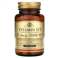 Solgar, витамин D3, 25 мкг (1000 МЕ), 180 таблеток