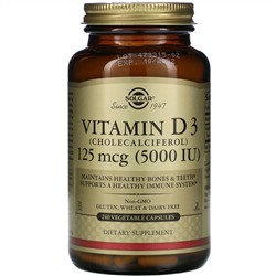 Solgar, витамин D3 (холекальциферол), 125 мкг (5000 МЕ), 240 растительных капсул