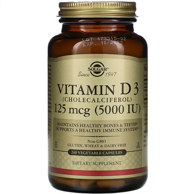 Solgar, витамин D3 (холекальциферол), 125 мкг (5000 МЕ), 240 растительных капсул