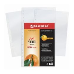 Папки-файлы перфорированные, А4, BRAUBERG, комплект 100 шт., "апельсиновая корка", 30 мкм, 221991
