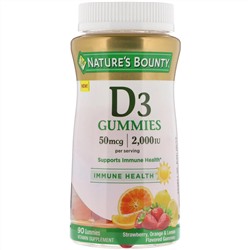 Nature's Bounty, жевательные таблетки с витамином D3, со вкусом клубники, апельсина и лимона, 50 мкг (2000 МЕ), 90 жевательных таблеток