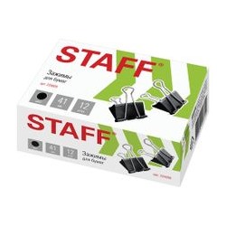 Зажимы для бумаг STAFF" EVERYDAY", КОМПЛЕКТ 12 шт., 41 мм, 200 листов, черные, картонная коробка, 224609