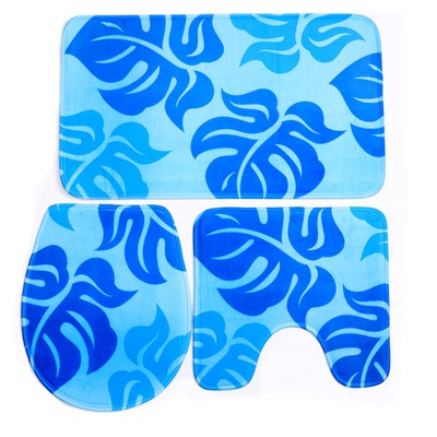Набор ковриков для ванны и туалета Доляна «Голубые листья», 3 шт: 41×45, 40×50, 45×75 см