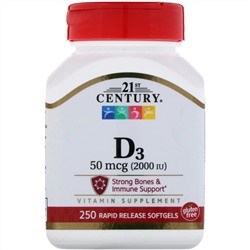 21st Century, Витамин D3, 50 мкг (2000 МЕ), 250 мягких желатиновых капсул