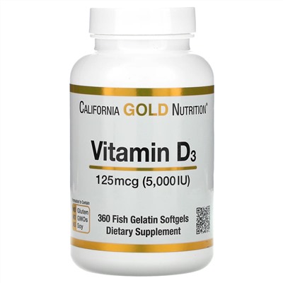 California Gold Nutrition, витамин D3, 125 мкг (5000 МЕ), 360 капсул из рыбьего желатина