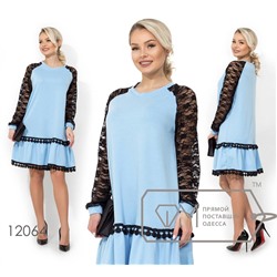 Платье-мини покроя трапеция с длинными гипюровыми рукавами-реглан, юбкой-оборкой с кружевной отделкой 12064