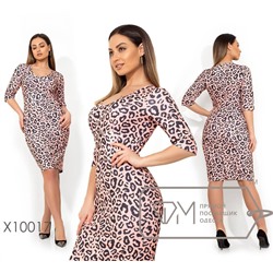 Платье-футляр миди отрезное из креп дайвинга с леопардовым принтом и глубоким декольте X10017