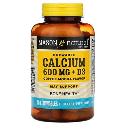 Mason Natural, Chewable Calcium + D3, Coffee Mocha Flavor, 600 mg, 100 Chewables