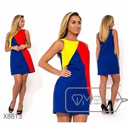 Платье мини из льна трехцветное без рукавов с застежкой молнией вдоль спины X8813