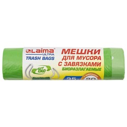 Мешки для мусора биоразлагаемые с завязками LAIMA "ULTRA" 35 л, рулон 20 шт., прочные, ПНД 14 мкм, 50х60 см, 607688