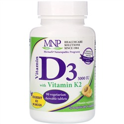 Michael's Naturopathic, витамин D3, с витамином K2, вкус натурального абрикоса, 125 мкг (5000 МЕ), 90 вегетарианских жевательных таблеток