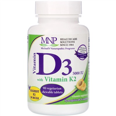 Michael's Naturopathic, витамин D3, с витамином K2, вкус натурального абрикоса, 125 мкг (5000 МЕ), 90 вегетарианских жевательных таблеток