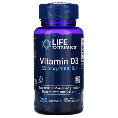 Life Extension, витамин D3, 25 мкг (1000 МЕ), 250 капсул