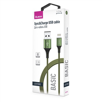 Кабель BASIC, USB 2.0 - lightning, 1.2м, 2.1A, зеленый, OLMIO