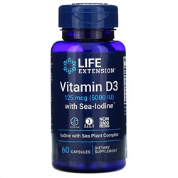 Life Extension, витамин D3 с Sea-Iodine, 125 мкг (5000 МЕ), 60 капсул