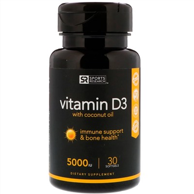 Sports Research, витамин D3 с кокосовым маслом, 125 мкг (5000 МЕ), 30 мягких таблеток