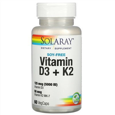 Solaray, витамины D3 и K2, без сои, 60 растительных капсул