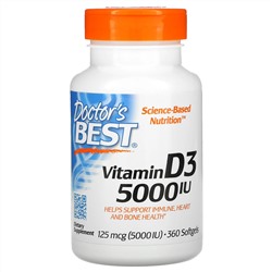 Doctor's Best, витамин D3, 125 мг (5000 МЕ), 360 капсул