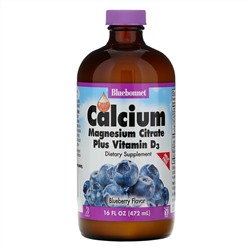Bluebonnet Nutrition, Цитрат кальция и магния, с витамином D3, в жидкой форме, вкус натуральной черники, 472 мл (16 жидких унций)