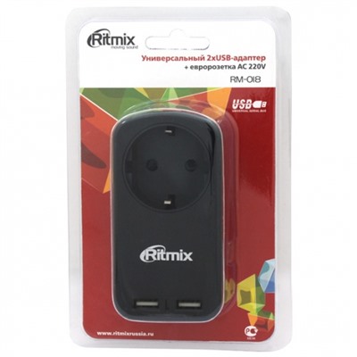Адаптер питания 220 В - USB RITMIX RM-018 (2xUSB + розетка) 2x1000mA