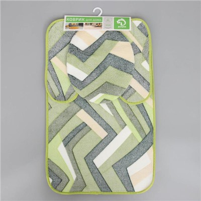 Набор ковриков для ванны и туалета Доляна «Геометрия», 3 шт: 35×39, 40×50, 50×80 см, цвет зелёный
