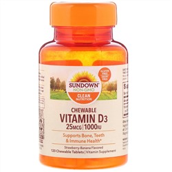 Sundown Naturals, Жевательный витамин D3 со вкусом клубники и банана, 25 мг (1000 МЕ), 120 жевательных таблеток