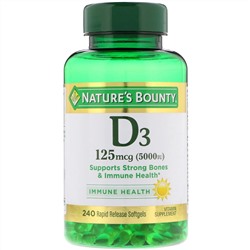 Nature's Bounty, Витамин D3, 125 мкг (5000 МЕ), 240 мягких желатиновых капсул с быстрым высвобождением действующего вещества