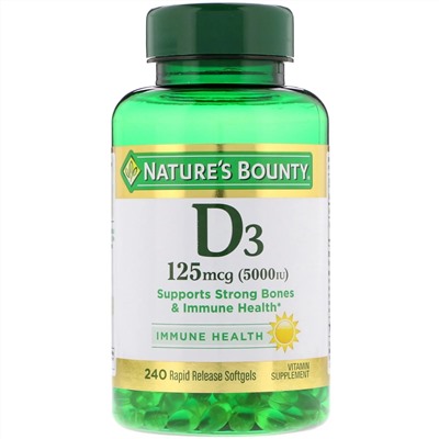 Nature's Bounty, Витамин D3, 125 мкг (5000 МЕ), 240 мягких желатиновых капсул с быстрым высвобождением действующего вещества