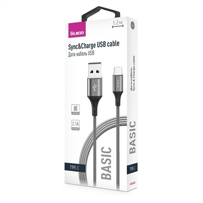 Кабель BASIC, USB 2.0 - Type-C, 1.2м, 2.1A, серый, OLMIO