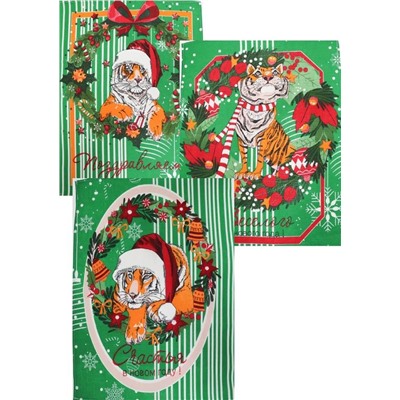 Полотенце вафельное купонное "Новогодние тигры" (зеленый)- упаковка 10 шт