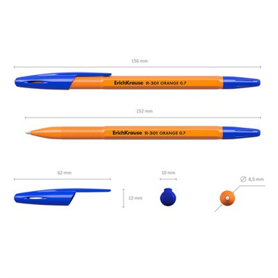Ручка шариковая ERICH KRAUSE "R-301 Orange", СИНЯЯ, корпус оранжевый, узел 0,7 мм, линия письма 0,35 мм, 43194 ШК 4041485431947, 141526