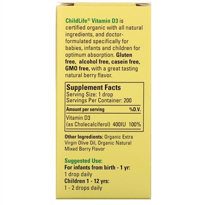 ChildLife, органический витамин D3 в каплях, натуральный ягодный вкус, 400 МЕ, 10 мл (0,338 жидк. унции)