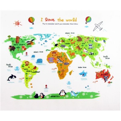 Наклейка многоразовая "Карта мира с Животными"