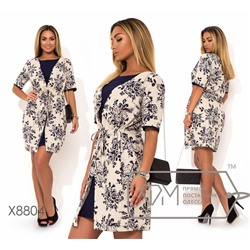 Платье-халат мини из льна с эффектом двойки и однотонным нижним платьем X8804