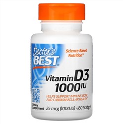 Doctor's Best, витамин D3, 25 мкг (1000 МЕ), 180 капсул