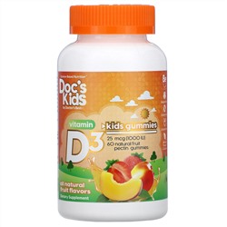 Doctor's Best, Doc's Kids, жевательные таблетки с витамином D3, полностью натуральные фруктовые ароматизаторы, 25 мкг (1000 МЕ), 60 жевательных таблеток с натуральным фруктовым пектином