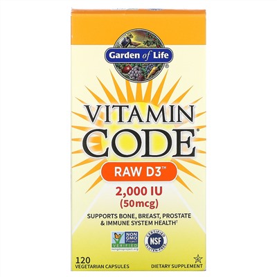 Garden of Life, Vitamin Code, RAW D3, 50 мкг (2000 МЕ), 120 вегетарианских капсул