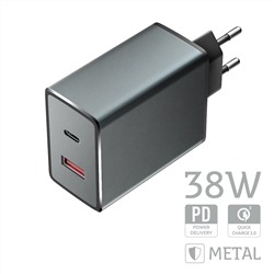 Сетевое ЗУ 38W, Type-C +USB, PowerDelivery, QuickCharge, gray, OLMIO